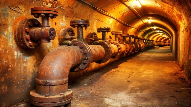 Un tubo largo con válvulas oxidadas y un túnel