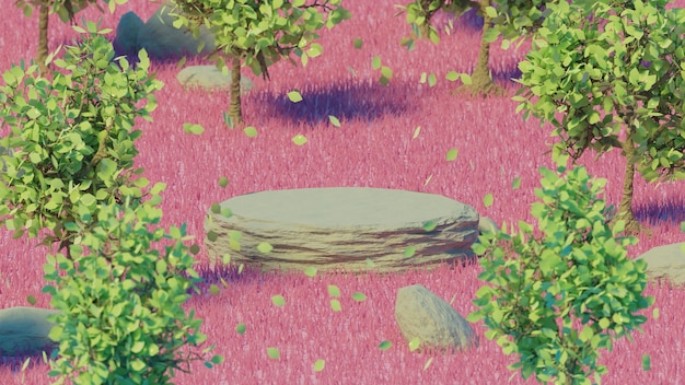 tubo de madera fondo de objeto hierba rosa y hojas verdes render 3d fondo de verano