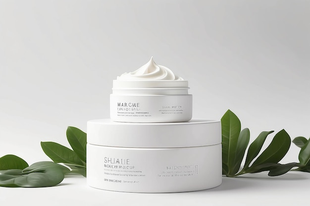 Tubo de maquillaje de crema facial cosmética en un podio blanco con hojas de plantas