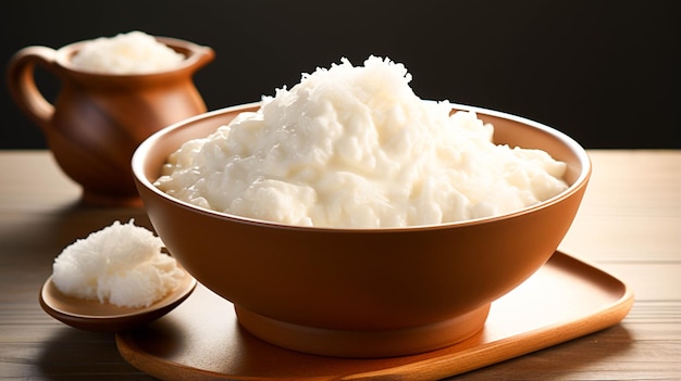 Tubo de Migao pastel de arroz arroz con leche en un recipiente sobre fondo blanco.