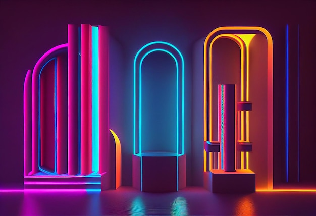 Foto tubo de neón de retroondas de estilo 3d fondo de neón naranja azul rosa abstracto con arco brillante escaparate de escenario de rendimiento podio para presentación de producto ia generativa