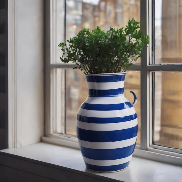 Un tubo a rayas azules y blancas está en una ventana con un fondo azul