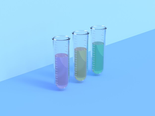 Tubo transparente tubo de ensaio de vidro laboratório azul fundo 3d render