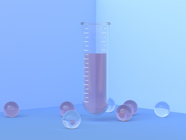 Foto tubo transparente tubo de ensaio de vidro laboratório azul fundo 3d render