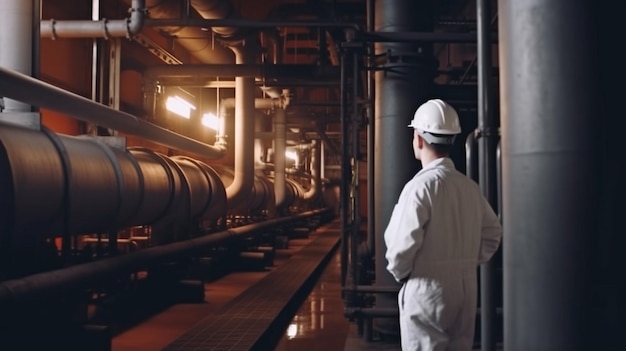 Tubos de acero y válvulas en la zona industrial ingeniero de mantenimiento de equipos de plan de energía e IA generativa