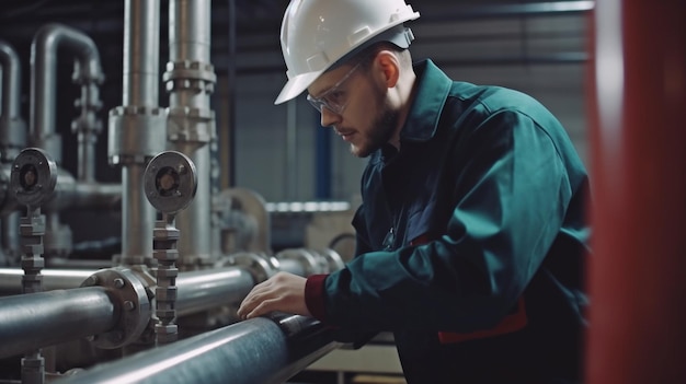 Tubos de acero y válvulas en la zona industrial ingeniero de mantenimiento de equipos de plan de energía e IA generativa