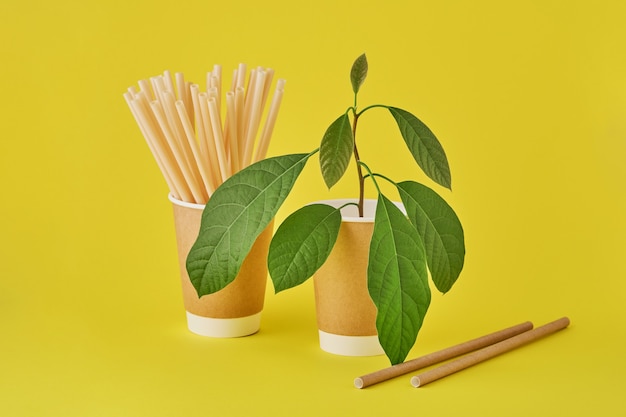 Tubos para beber hechos de papel y maicena, material biodegradable y vasos de papel ecológico con hojas de brotes verdes sobre fondo de color amarillo tendencia 2021. Concepto libre de desperdicio cero y plástico. Vista superior.