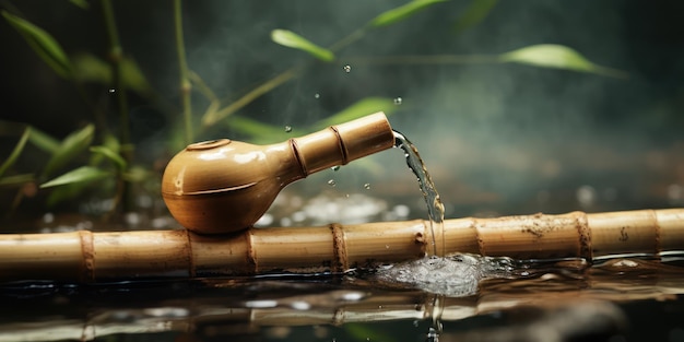 Tubos de bambu gotejando água em pequenos recipientes de coleta de água natural