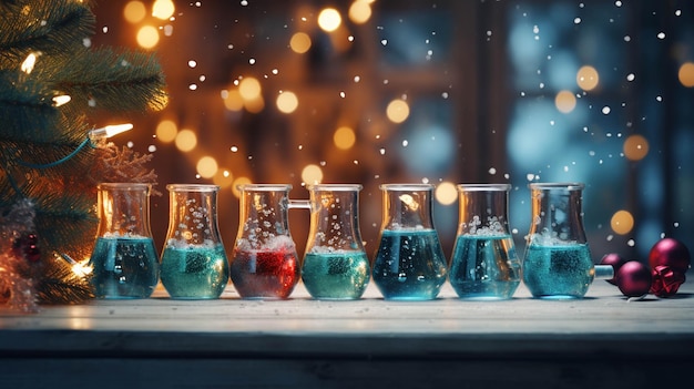 Foto tubos de ensaio coloridos numa mesa de madeira com luzes de natal