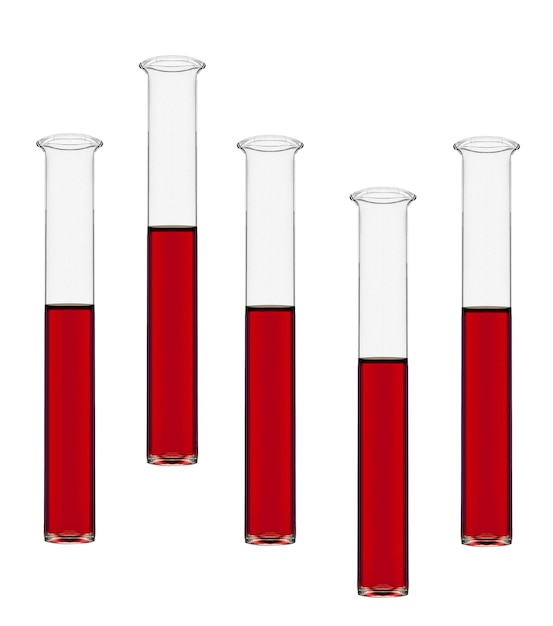 Foto tubos de ensaio com líquido vermelho isolado sobre fundo branco