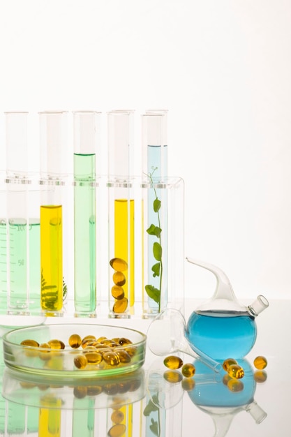 Foto tubos de ensaio com plantas em um suporte de vitaminas em um laboratório de fundo claro