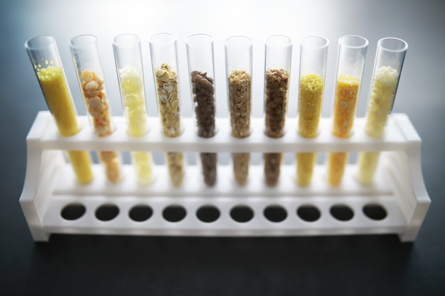 Tubos de ensaio com sementes de plantas selecionadas. pesquisa analisando grãos e sementes agrícolas em laboratório