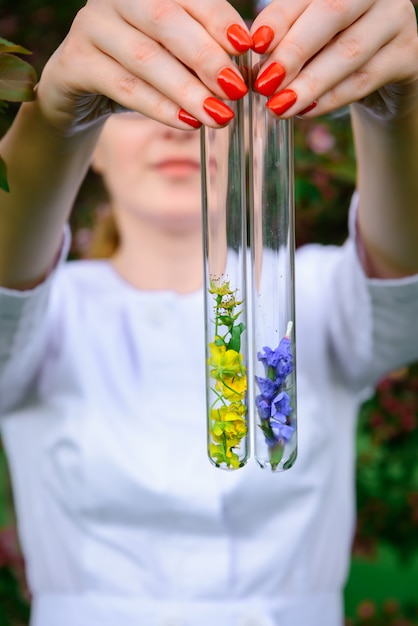 Tubos de ensaio de vidro com amostras de flores