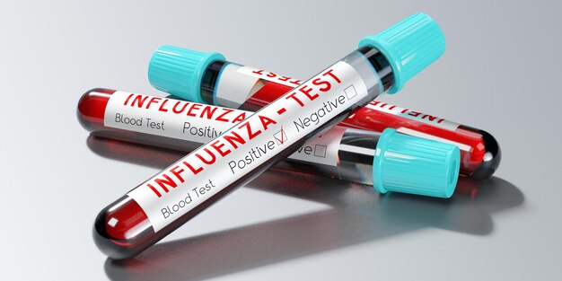 Tubos de ensaio do vírus da gripe, exames de sangue, ilustração 3D