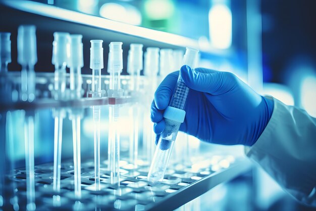 Foto tubos de ensayo en un laboratorio moderno virus análisis de vacunas concepto de laboratorio médico o científico
