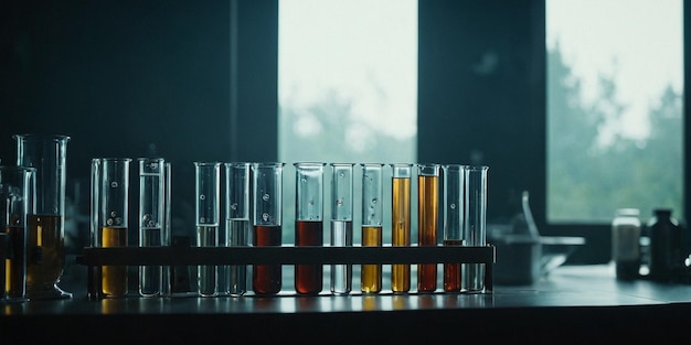 Los tubos de ensayo con líquidos de colores en la mesa en el laboratorio