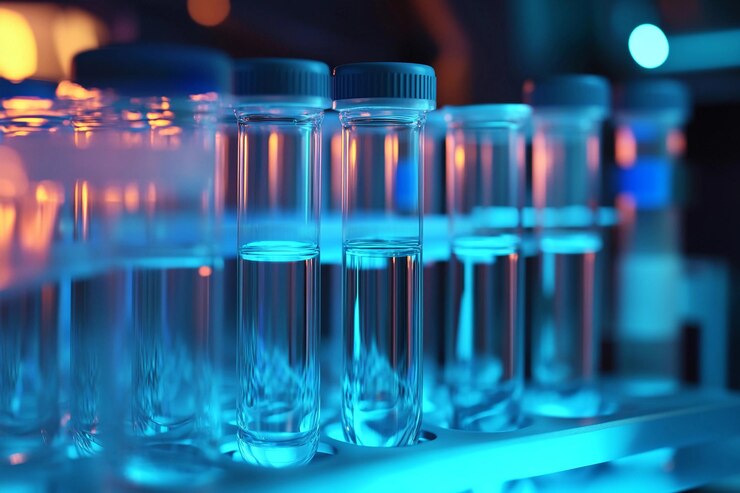 Tubos de ensayo de vidrio llenos de líquido transparente iluminados en un entorno de laboratorio IA generativa