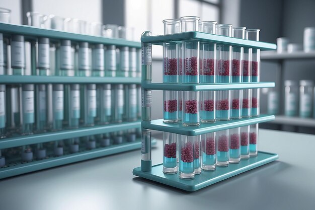 Foto los tubos de ensayo del virus de la viruela del mono en un estante de viales en un laboratorio de atención médica con todos los resultados positivos de las pruebas que podrían conducir a un brote pandémico.