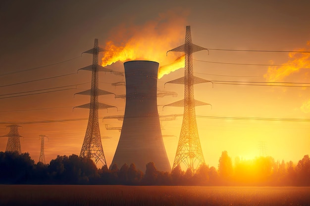 Tubos iluminados por el sol de la turbina del reactor nuclear en campo vacío