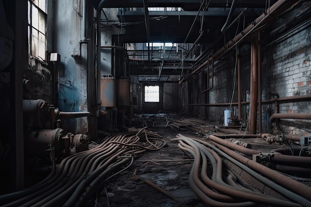 Tubos de metal oxidado y cableado eléctrico en fábrica abandonada