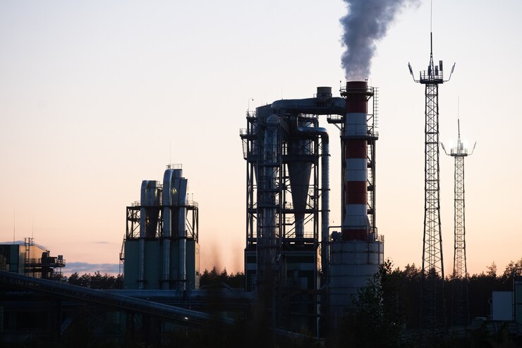 Foto tubulação da fábrica poluindo o ar contra o pôr do sol