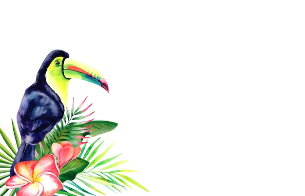 Tucán arcoiris en la selva tropical Carnaval en Brasil Río de Janeiro Composición tropical Ilustración acuarela sobre fondo blanco