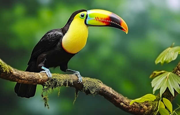 Tucán con mandíbula castaña sentado en la rama bajo una lluvia tropical con una jungla verde IA generativa