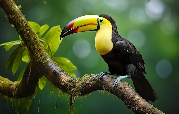 Tucán de mandíbulas de castaño sentado en la rama bajo la lluvia tropical con una IA generativa de la selva verde