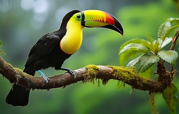 Tucán de mandíbulas de castaño sentado en la rama bajo la lluvia tropical con una IA generativa de la selva verde