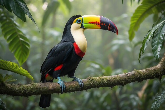 Tucán sentado en la rama en la vegetación verde del bosque Costa Rica Viaje por la naturaleza en América Central