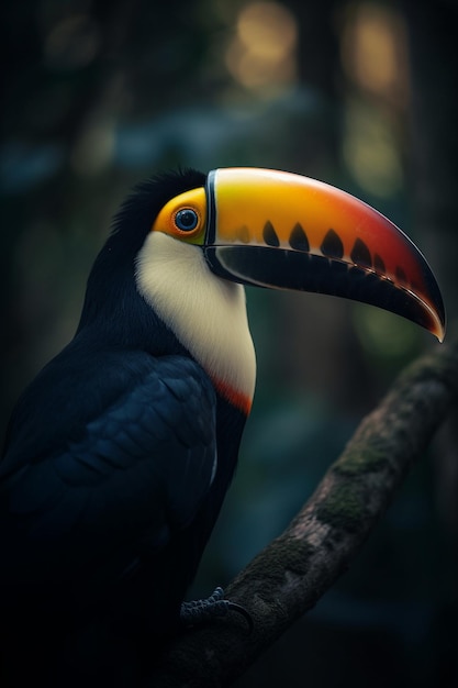 Un tucán se sienta en una rama en el bosque.