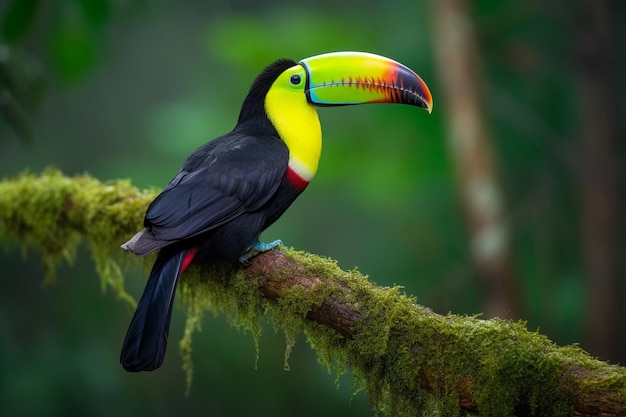 Un tucán se sienta en una rama en la selva tropical.