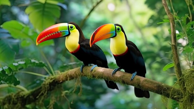 Tucan sitzt auf einem Zweig in der grünen Vegetation des Waldes Costa Rica