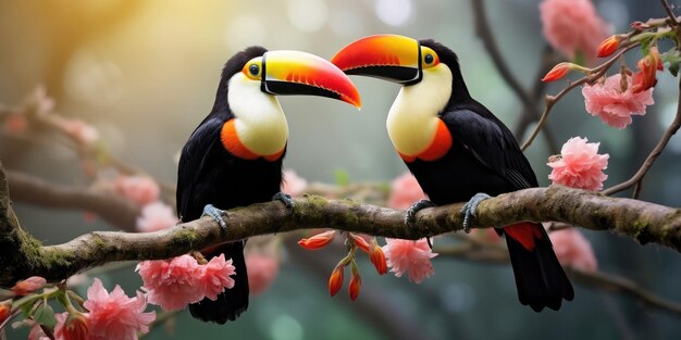 Tucanes dobles de calidad fotográfica hiperrealista en una rama en flor