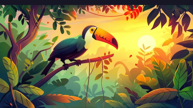 Foto tucano en un árbol en un bosque tropical de dibujos animados ilustración moderna de un pájaro exótico sentado en una rama en una selva tropical verde con lianas y plantas iluminadas por la luz naranja del atardecer fondo para un juego de aventura