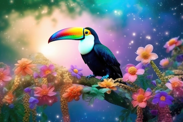 Foto tucano arco-íris espiando na árvore flores tropicais de verão cercam o fundo colorido do pássaro