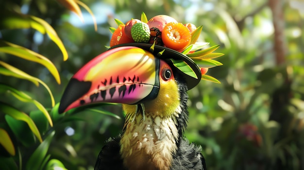 Foto un tucano de colores brillantes con un sombrero de fruta está sentado en una rama en la jungla el tucano está mirando a la cámara con sus grandes ojos negros