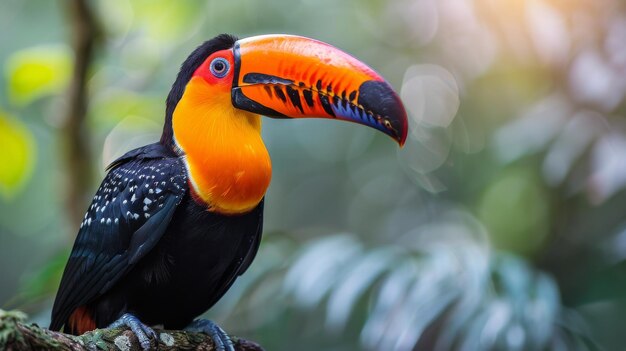 Tucano colorido sentado em um galho na floresta