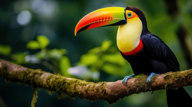 Un tucano colorido sentado en una rama de un árbol