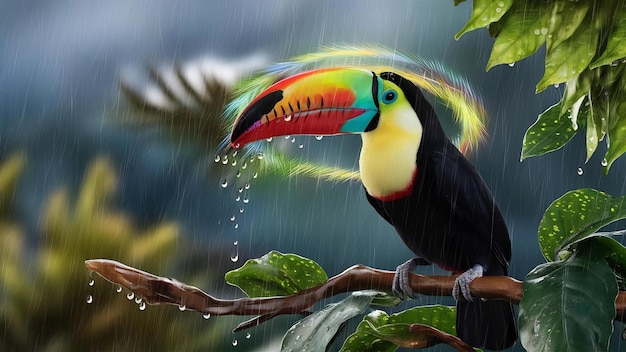 Tucano bajo la lluvia