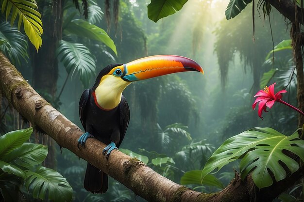 Tucano pájaro tropical sentado en una rama de un árbol en el entorno natural de la vida silvestre en la selva tropical