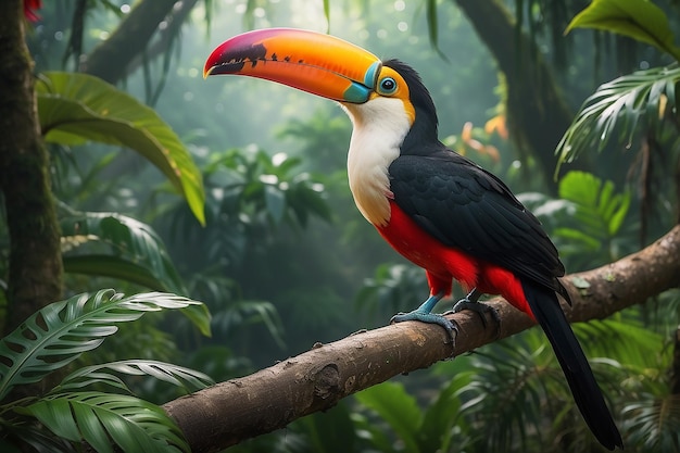 Foto tucano pájaro tropical sentado en una rama de un árbol en el entorno natural de la vida silvestre en la selva tropical