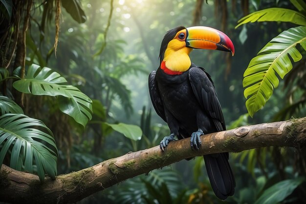 Tucano pájaro tropical sentado en una rama de un árbol en el entorno natural de la vida silvestre en la selva tropical