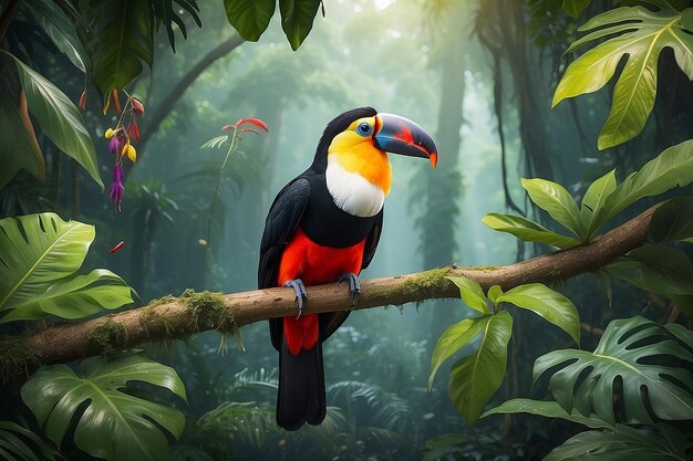 Tucano pájaro tropical sentado en una rama de un árbol en el entorno natural de la vida silvestre en la selva tropical