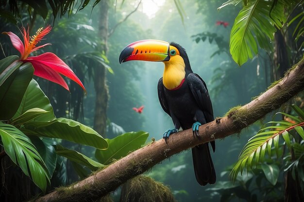 Tucano pájaro tropical sentado en una rama de un árbol en el entorno natural de la vida silvestre en la selva tropical