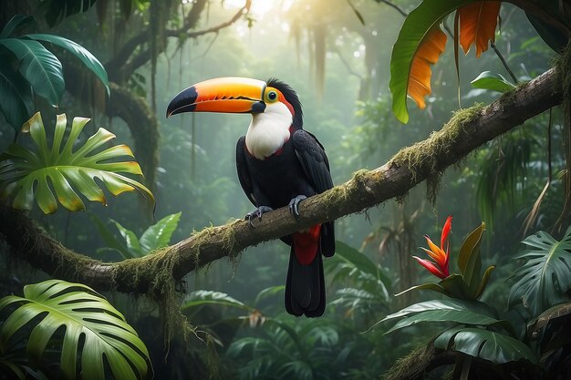 Foto tucano pájaro tropical sentado en una rama de un árbol en el entorno natural de la vida silvestre en la selva tropical