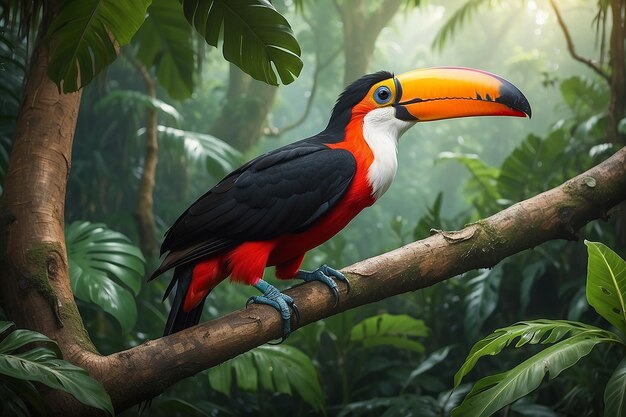 Foto tucano pájaro tropical sentado en una rama de un árbol en el entorno natural de la vida silvestre en la selva tropical