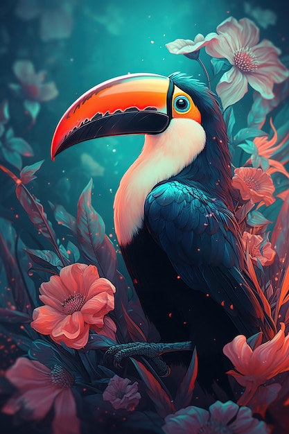 Tucano pássaro sentado em flores coloridas Generative Ai