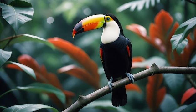 Foto un tucano está posado en una rama con un árbol en el fondo