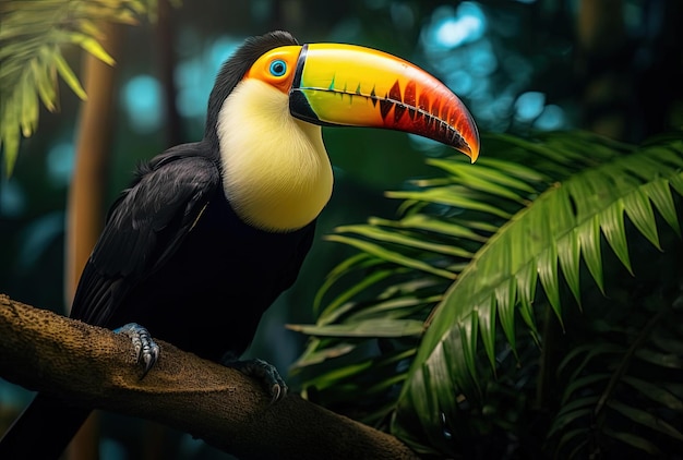 tucano preto e amarelo empoleirado em uma palmeira no estilo de selva misteriosa